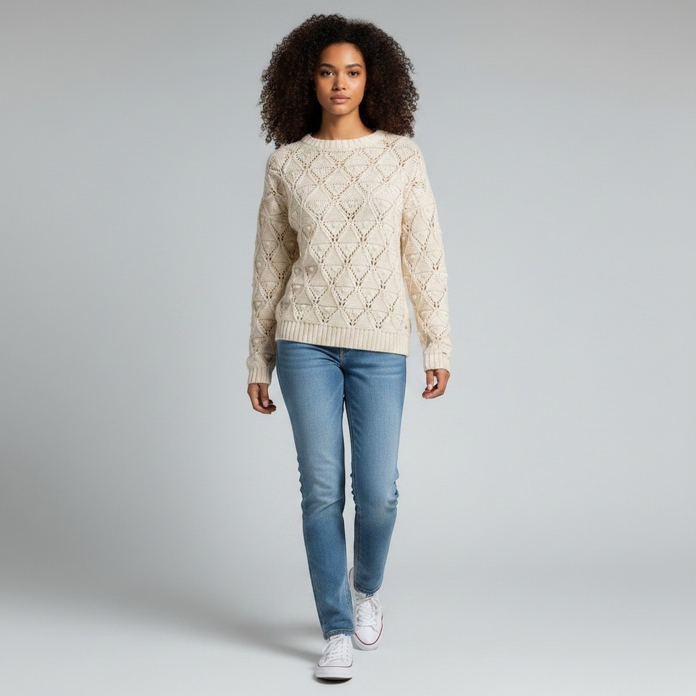 Tommy Hilfiger Sweater Womens‎ M Cream Excellent Pointelle Diamond Knit Cotton
